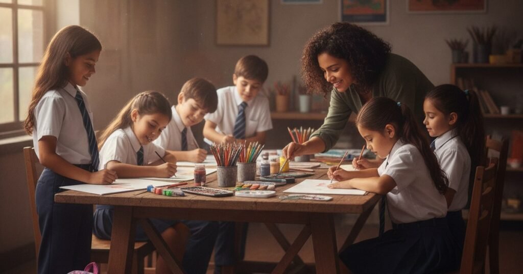 Niños con uniforme escolar dibujando en una actividad extracurricular de arte por la tarde