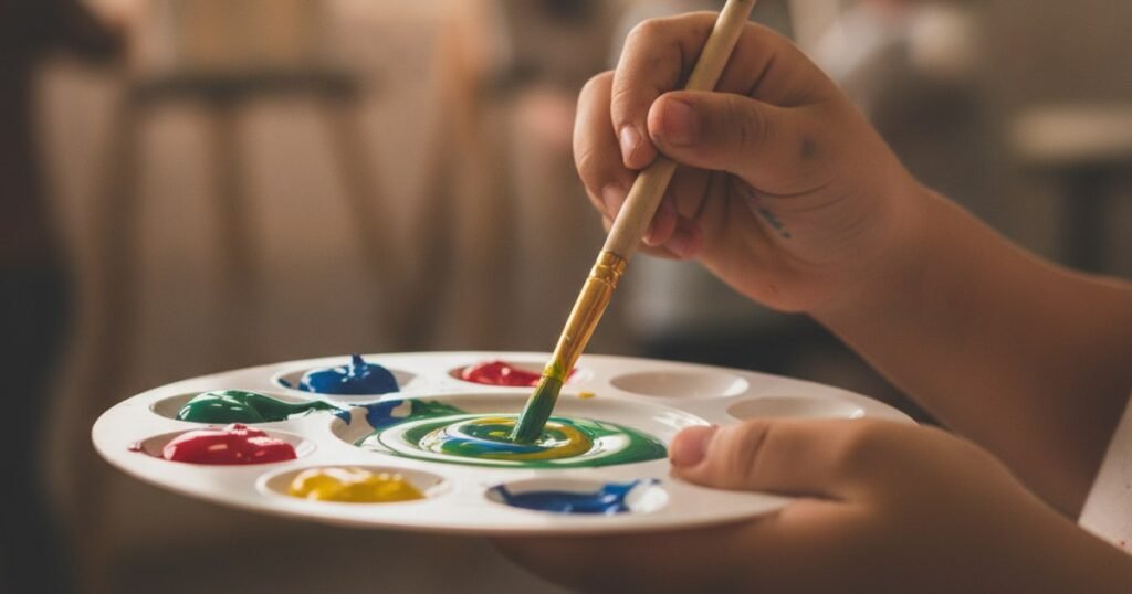 Manos de un niño sosteniendo un pincel y mezclando pintura en una paleta