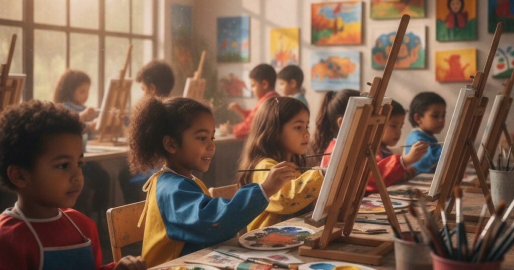 Niños pintando en caballetes durante una clase de arte en una academia de Ciudad de Panamá