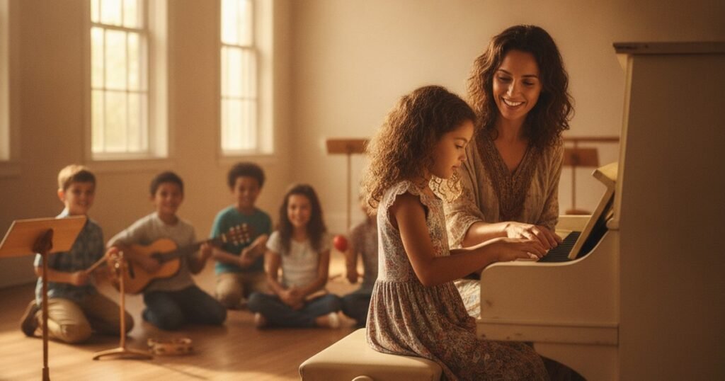 Niña tocando el piano junto a su profesora en una clase de música para niños