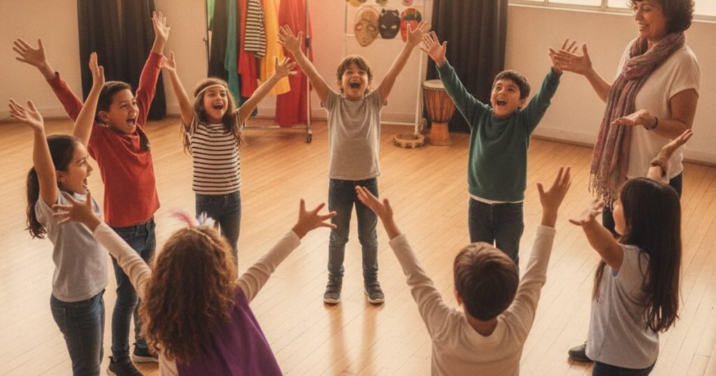 Niños en círculo con los brazos alzados durante un juego de improvisación en clase de teatro