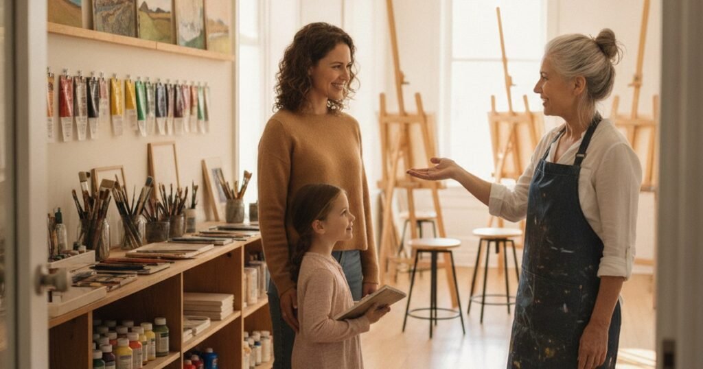 Madre e hija siendo recibidas por una profesora en la entrada de una academia de arte