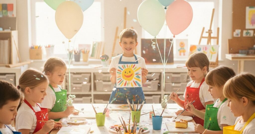Niños pintando lienzos en una fiesta de cumpleaños artístico con globos
