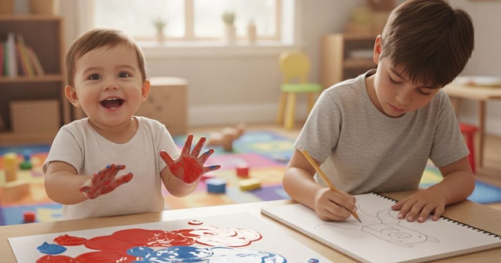 Un niño pequeño pintando con los dedos junto a un niño mayor dibujando a lápiz