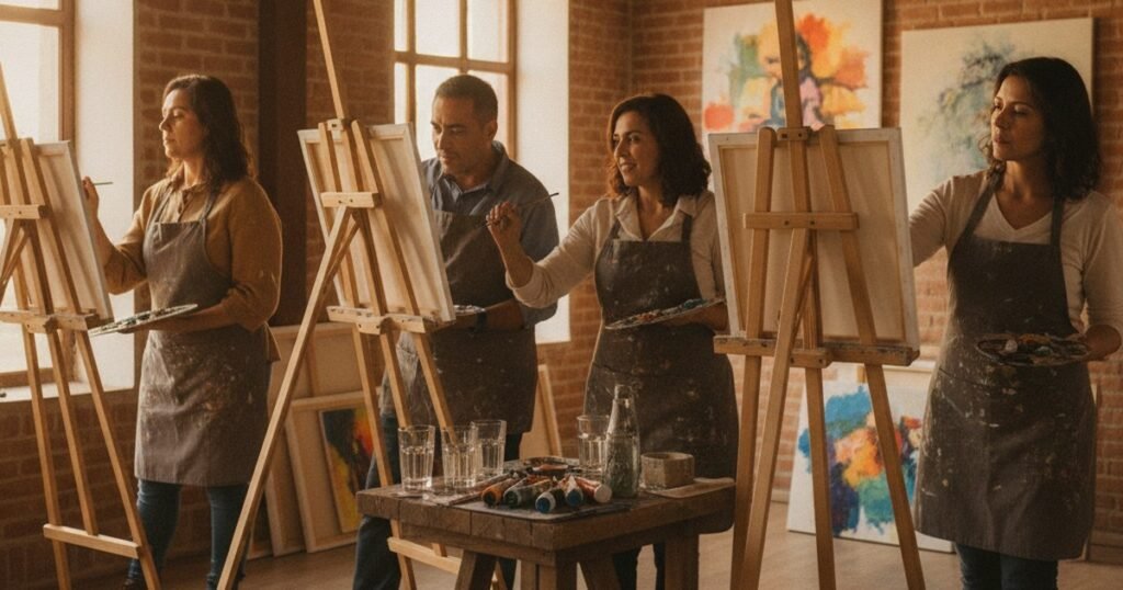 Adultos pintando en caballetes durante un taller de arte para adultos