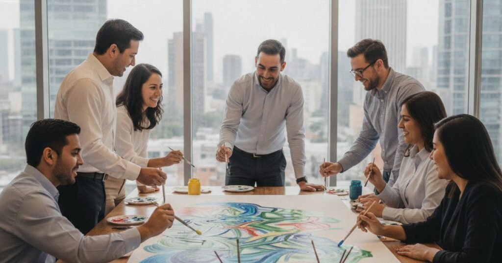Equipo de profesionales pintando juntos un lienzo en una actividad de team building artístico